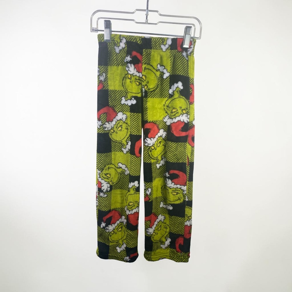 Dr Seuss The Grinch Christmas Pajama Pants Green Black Plaid Fleece Kids XL